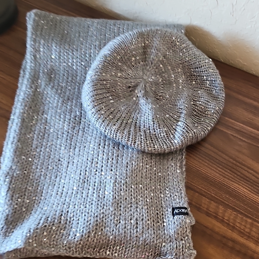 ADORA Shimmering Silver Scarf and Beret Set